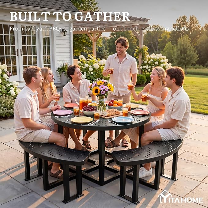 YITAHOME 38" Round Metal Picnic Table with Umbrella Hole, Q235 Carbon Steel Heavy Duty Outdoor Table, Black Industrial Patio Set for Backyard, Park, and Lawn