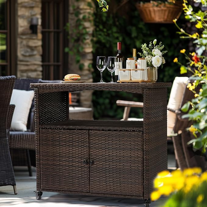 Outdoor Bar Cart with Storage Cabinet, Patio Wicker Sideboard Buffet Cabinet Prep Table, Outside Kitchen Serving Cart with Rolling Wheels & Handles, Brown