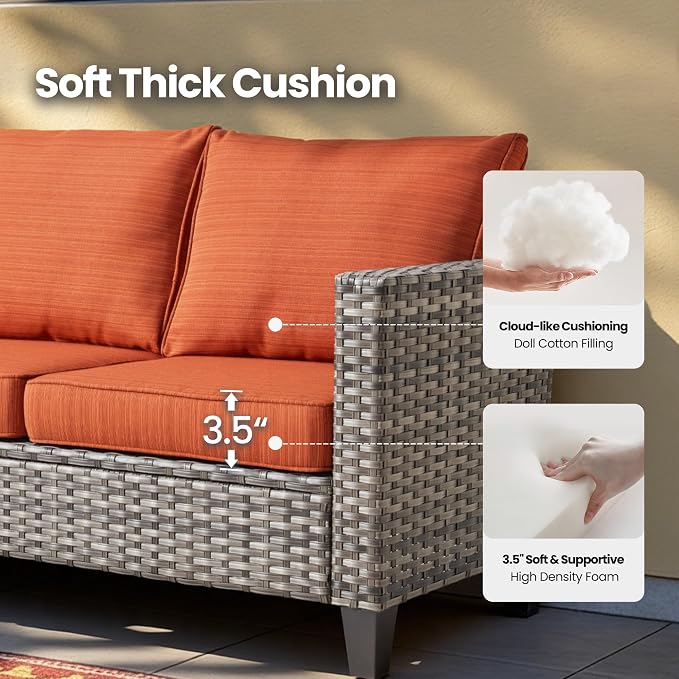 10 Piece Wicker Patio Furniture Set with Firepit, Orange | High Back Swivel Rocker Chairs, 54-inch Fire Pit, Outdoor Sofa Ottoman Solar Lights Table, Conversation Sets, Deck Backyard