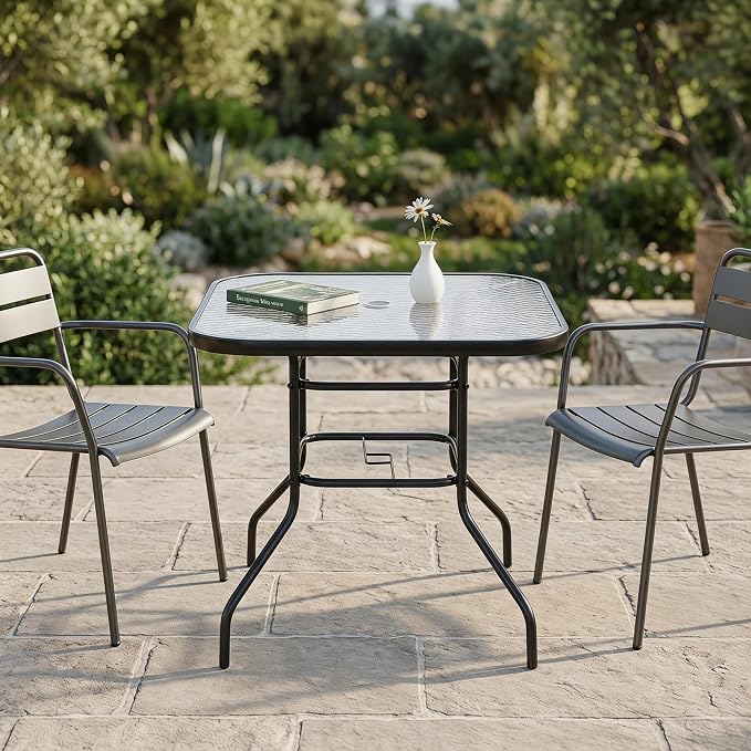 31.5" Square Outdoor Dining Table, Toughened Glass Patio Table with Umbrella Hole for Yard and Garden