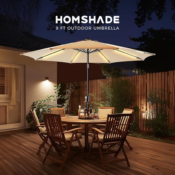 HOMSHADE 9ft Solar Patio Umbrella - Solar Lights LED Lighted UPF50+ UV Protection Umbrella, Outdoor Market Table Umbrella with Push Button Tilt, Crank for Pool Deck and Garden (Beige)