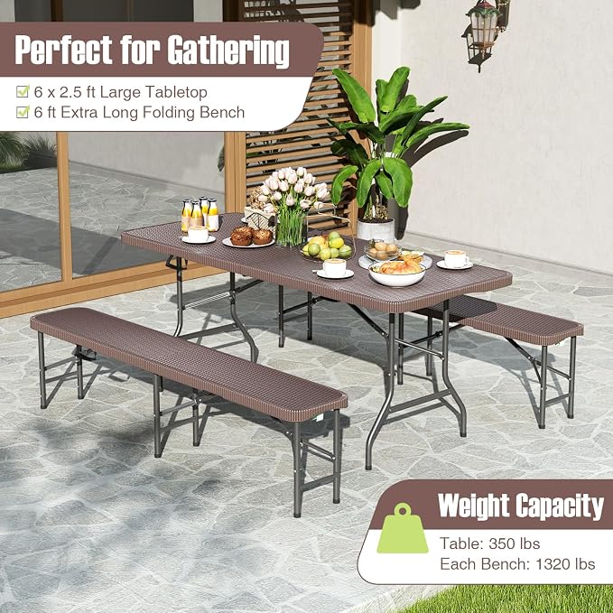 Goplus 6 FT 3-Piece Portable Picnic Table Bench Set, HDPE Rattan-Like Plastic Folding Picnic Tables with Benches, Foldable Patio Camping Beer Table, Indoor & Outdoor Folding Table and Chairs