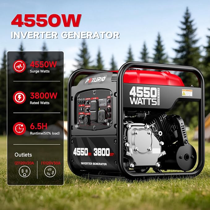 4550-Watt Portable Inverter Generator for Home Use, Open Frame Generator Gas Powered, Lightweight & Quiet for Home Use and Emergency Backup, EPA Compliant-Red