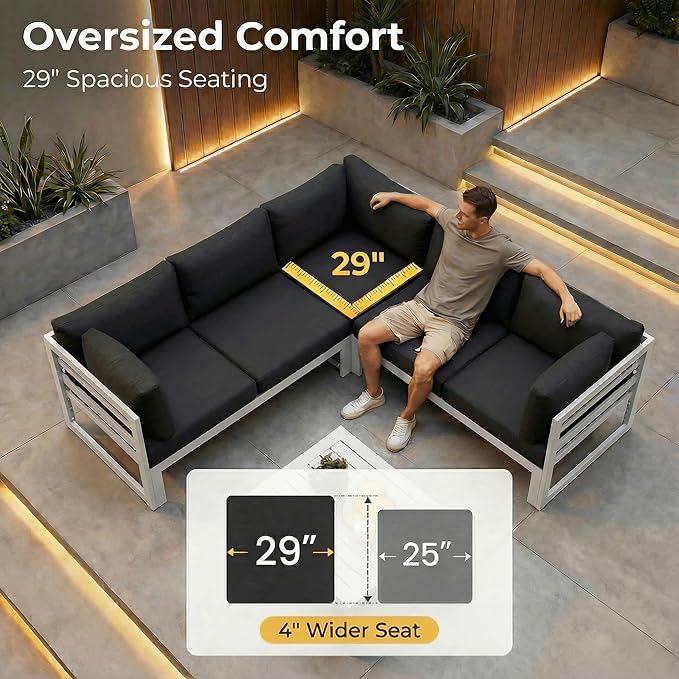 NICESOUL 12 Piece Modern Aluminum Outdoor Patio Furniture Set with Coffee Table, Extra Large L Shaped Modular Sectional Couch, 29" Wide Deep Seating Conversation Sofa for Terrace Exterior, Black