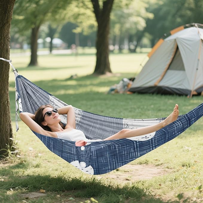 Round White Spots on A Denim Blue Background 330lb Capacity Camping Hammocks with Tree Straps Rope Hammock for Outside Patio Garden Base para poner hamaca