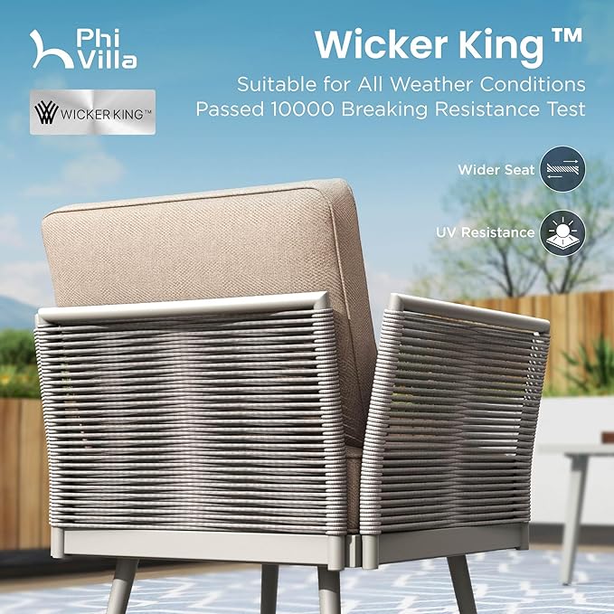 PHI VILLA 5-Piece Rope Rattan Patio Sectional Furniture Set,Modern Outdoor Conversation Set with Detachable Armrests and Grey Metal Frame,All Weather Patio Sofa with Coffee Table and Biege Cushions