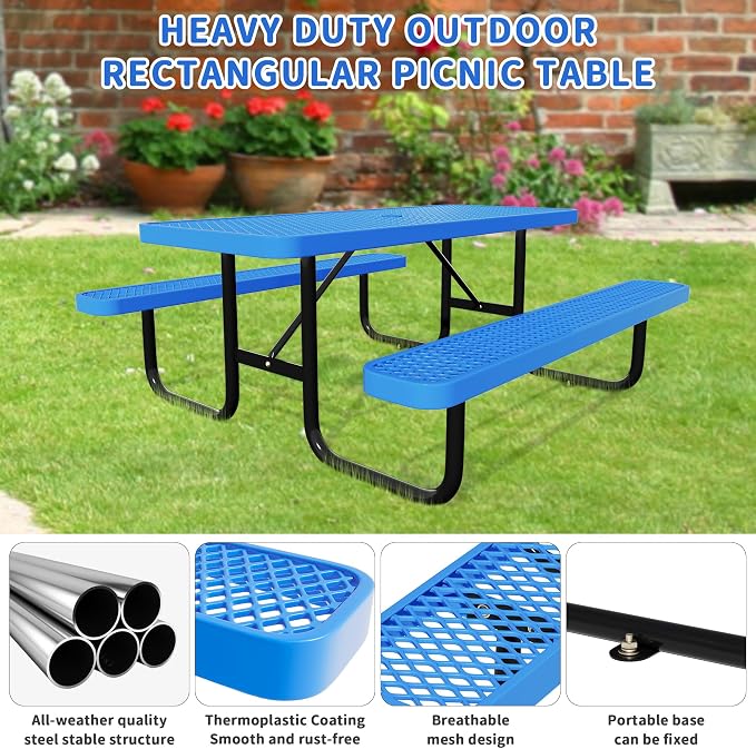 Picnic Tables for Outdoors,Commercial Metal Picnic Table Bench Set with Umbrella Hole,School Canteen Tables W/Seats - Heavy Duty Sturdy Picnic Tables Furniture for Patio Garden (Blue, 4FT)