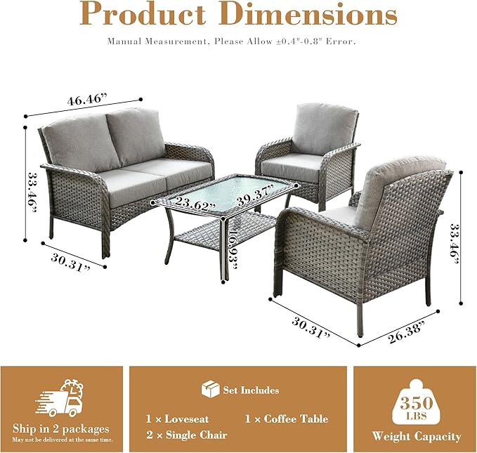 4 Pieces Patio Furniture Set, Small Outdoor Patio Set with Coffee Table, All-Weather Rattan Wicker High Back Conversation Set Loveseat with Chairs for Porch, Backyard, Balcony, Dark Grey