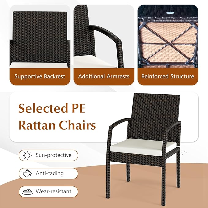 HAPPYGRILL 7-Piece Patio Dining Set Outdoor Rattan Wicker Furniture Set with Umbrella Hole, Steel Frame, Acacia Wood Tabletop & Removable Cushions, for Backyard, Porch, Garden