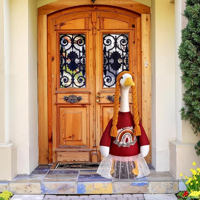 Graduation Porch Goose Outfit 2026, Vintage Senior Portrait Porch Decor, Rainbow Dress with Double Braids for 23" Gooses Statue, Graduation Party Patio Yard Decoration, Grad Gift for Her