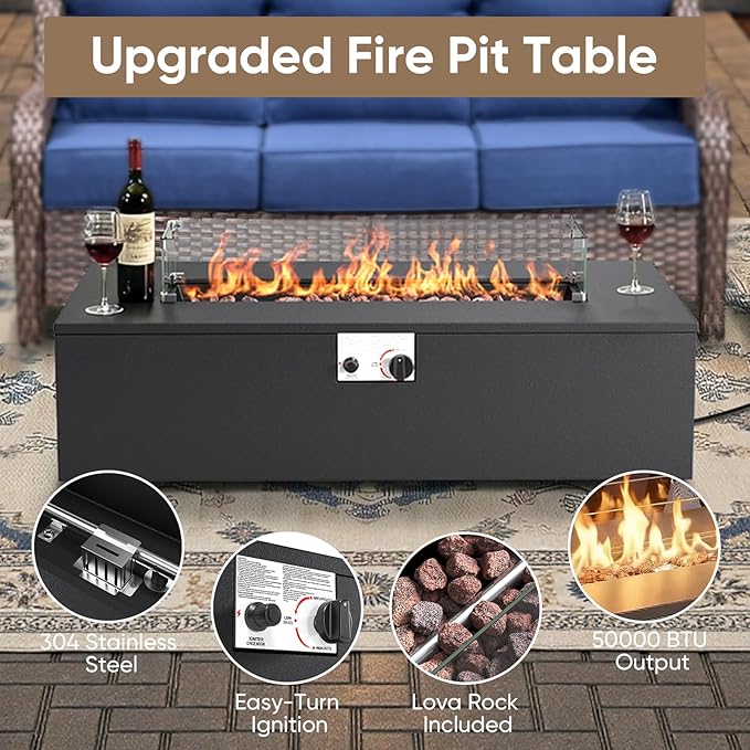 HUMMUH Luxury Patio Furniture Set 6-inch Thick Cushions High Back Swivel Rocker Chairs & 3 Seater-Couch & Steel Fire Pit Table 11 Pieces Outdoor Conversation Set for Porch,Deck,Backyard