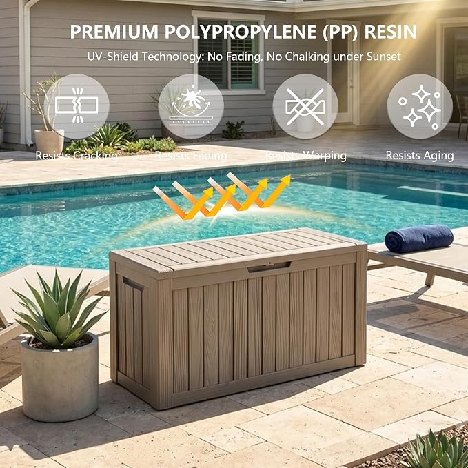 Outdoor Storage Box, 90 Gallon Waterproof Deck Box [Upgraded 3.0], Robust Weatherproof Organizer for Deep-Seat Cushions, Sports Equipment, Lockable Garden Tool Bench Seat, Side Yard, Grey