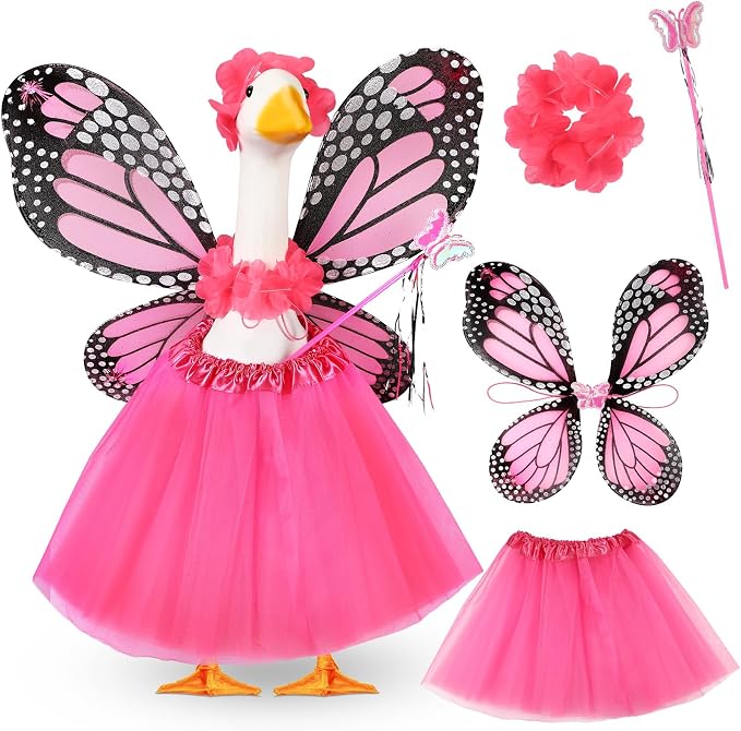 5pcs Butterfly Porch Goose Outfit Costume Tutu Skirt Butterfly Wing Wand Flower Crown for 17‘' 23‘' Cement Goose