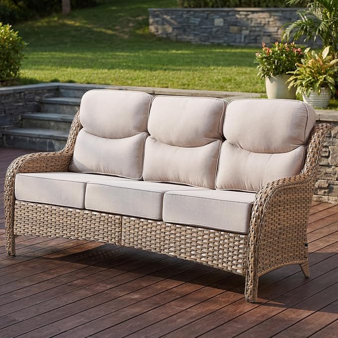 71'' Patio Couch Outdoor Wicker Sofa, Heavy Duty All-Weather Rattan 3-Seater Sofa with Deep Seating and Removable Cover, Outdoor Patio Furniture for Deck Porch Sunroom Backyard Yellow/Beige