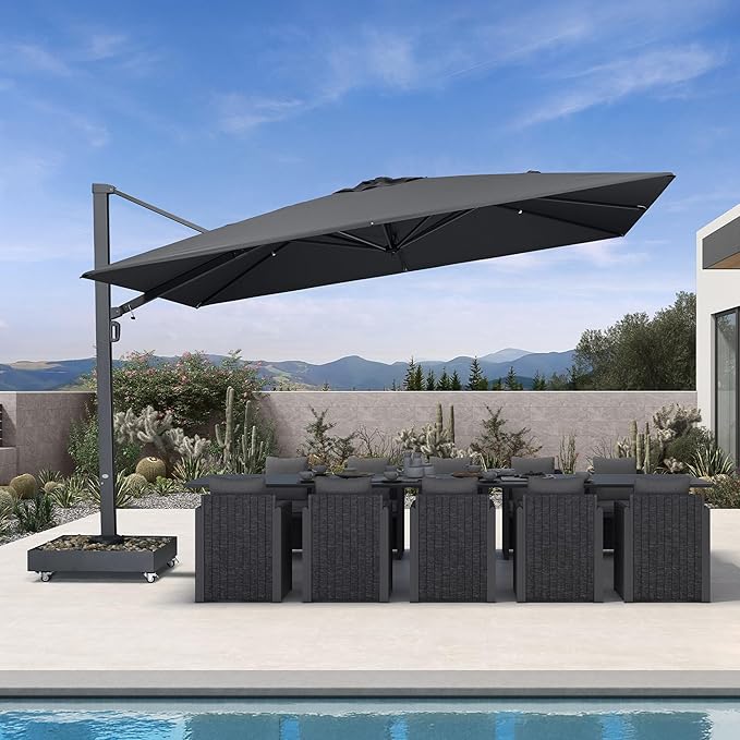 PURPLE LEAF 13' X 10' Space Saving Rectangle Patio Umbrella Large Outdoor Aluminum Offset Umbrella with 360-degree Rotation Cantilever Umbrella with Base Included for Garden Deck Backyard Pool Grey