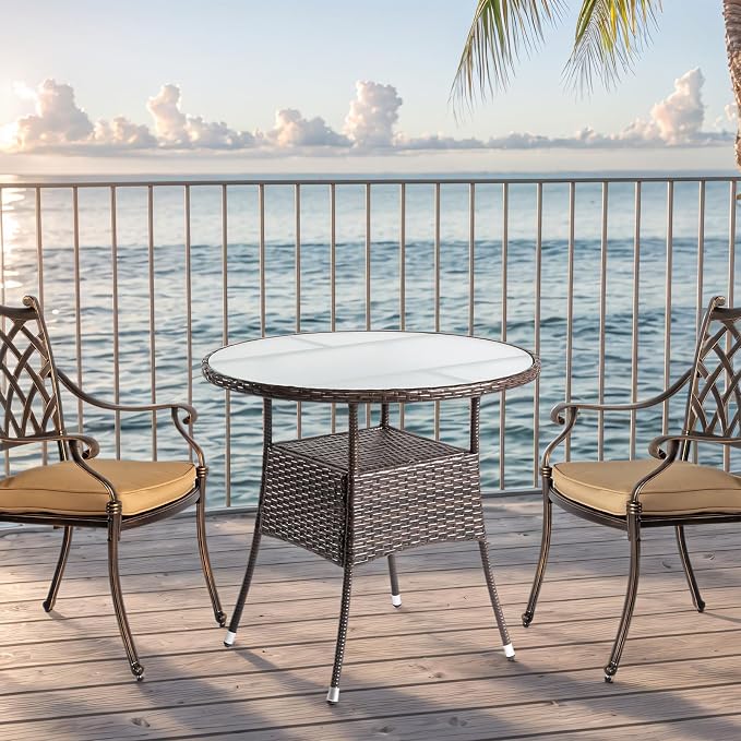 Patio Table for 4-Person with Glass Top, 31.5" Round Outdoor Wicker Dining Table, Double Layer Rattan Bistro Table for Backyard Deck Poolside, Outdoor Furniture Small Space, Brown