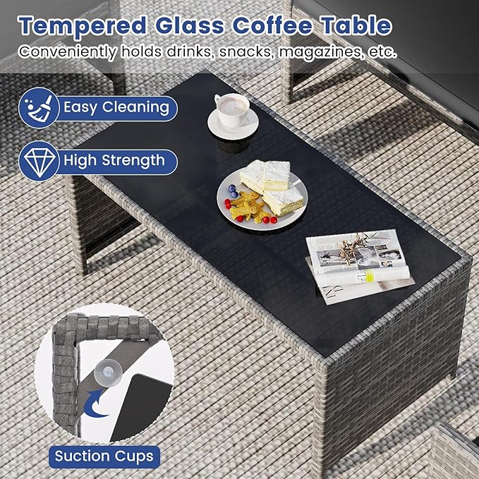 Tangkula 8 Piece Patio Wicker Furniture Set, Outdoor Heavy Duty Rattan Cushioned Chairs, Loveseat and Tempered Glass Coffee Table, for Backyard, Balcony, Poolside