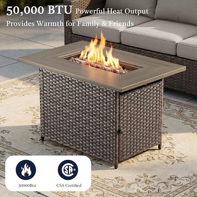 7 Piece Patio Furniture Set with 41" Fire Pit Table - High Back Swivel Glider Patio Chairs Set of 6, All Weather Deep Seating Outdoor Conversation Set for Porch Deck Yard Pool Brown
