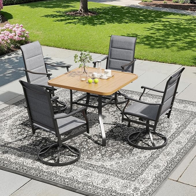 Soohow 5-Piece Outdoor Dining Set, Patio Dining Table and Chairs Set for 4, 4 x Swivel Patio Chairs and 35"x35" Dining Table with 1.57" Umbrella Hole, Wood-Like, Ideal for Poolside, Backyard, Deck