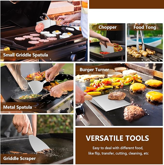25Pcs Griddle Accessories Kit for Blackstone, Joyfair Stainless Steel Flattop Grilling Spatula Accessory Tools Set with Smash Burger Press Basting Cover for Outdoor BBQ Hibachi Cooking (Wooden Handle)