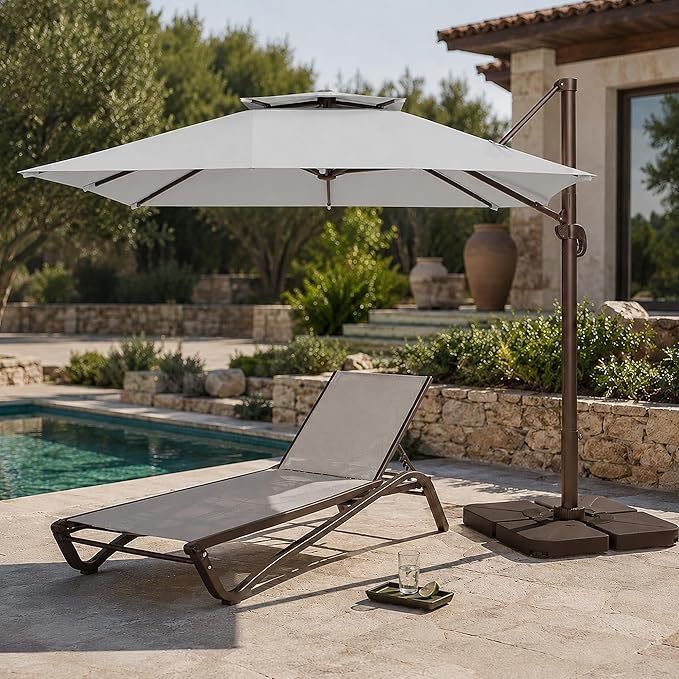 10FT Cantilever Patio Umbrella with Solar Lights, Large Outdoor 2 Tier Aluminum Offset Square Umbrellas 360 Degree Rotation for Garden Deck Pool