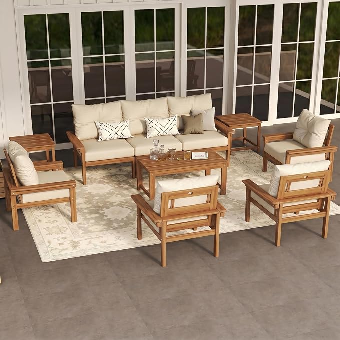 HDPE Outdoor Patio Furniture Set, 10-Piece Patio Conversation Set with 3-Seat Sofa, 4 Armchairs, 2 Side Tables & 1 Coffee Table, All-Weather Outdoor Sofa Set for Deck, Porch, Garden (Teak Frame)