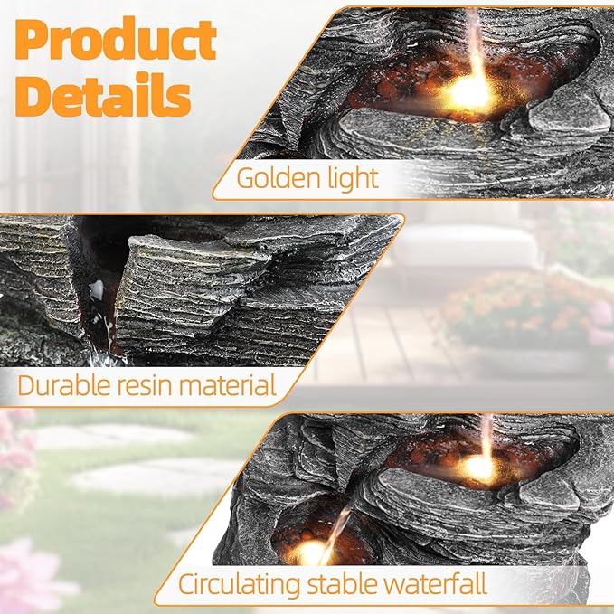 Cascading Rock Water Fountain, Outdoor Water Fountain with LED Warm Light, Outside Patio Garden Waterfall Decor for Patio, Backyard, Porch and Home Art Decor (F)