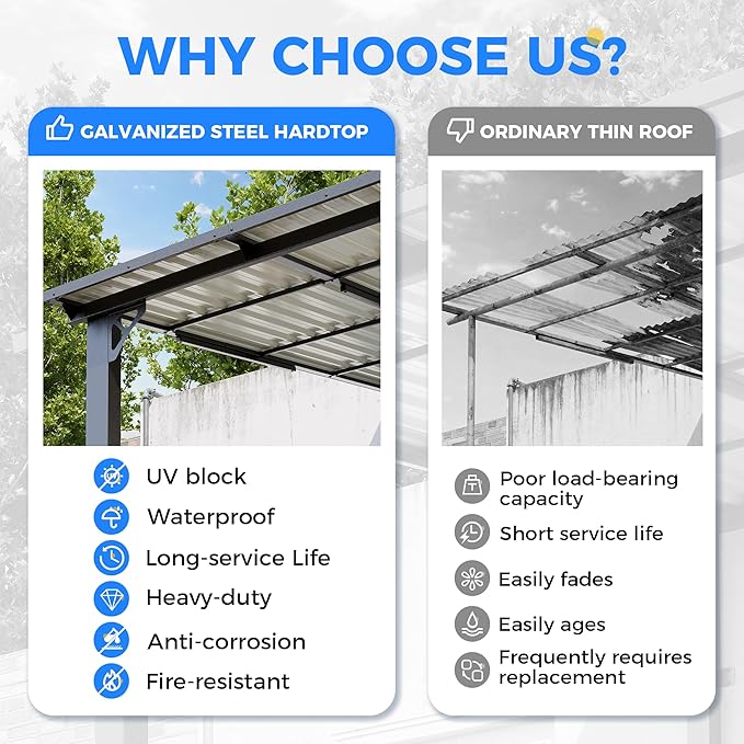 AirWire 10'x14' Lean to Gazebo, Hardtop Pergola with Metal Roof, Wall Mounted Heavy Duty Canopy Awning for Backyard, Deck and More