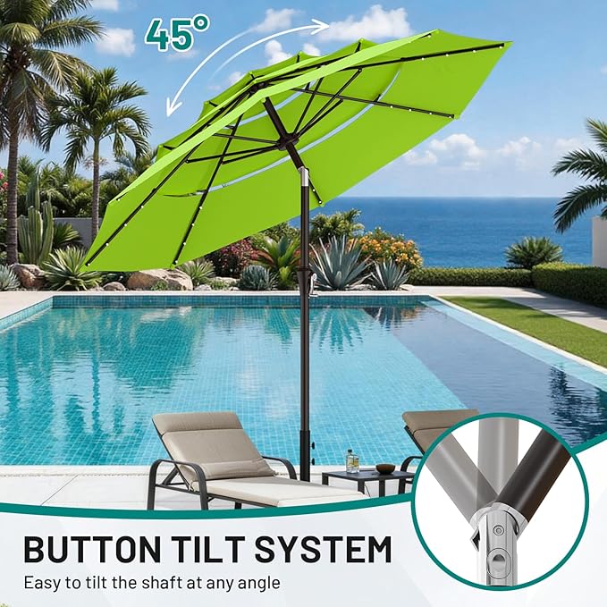 AreShark 9ft 3 Tiers Patio Umbrella with Solar Lights, Outdoor Umbrella w/ 32 LED Lights&8 Sturdy Ribs, Table Umbrella for Deck, Backyard, Pool (Apple Green)