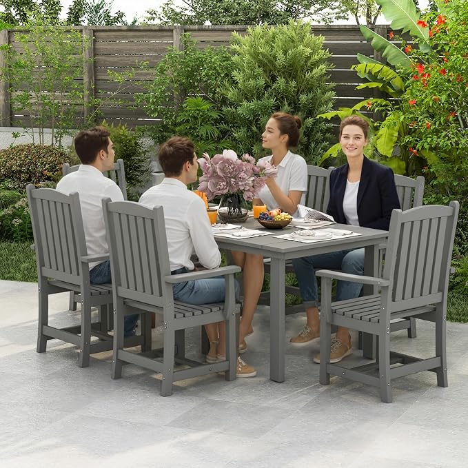 ROCSUMOO 6-Piece Outdoor Dining Table Sets, Patio HDPE Dining Table and Chair Set with Umbrella Hole, All Weather Outdoor Dining Furniture Set (Grey, 1 Table + 4 Chairs + 1 Bench)