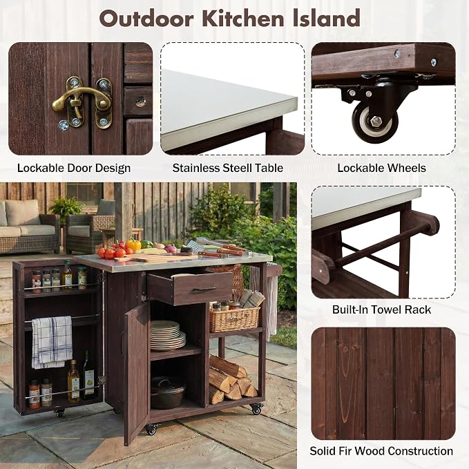 Outdoor Storage Deck Box Cabinet with Stainless Steel Worktop, Fir Wood Patio Prep Station with Lockable Wheels and Towel Rack for Backyard Organization, 40.5 inch, Dark Brown