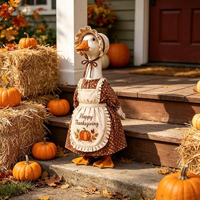 Thanksgiving Pilgrim Porch Goose Outfits for 23'' Goose Statue | Fall Pumpkin Dress Goose Clothes, Pilgrim Costume, ''Happy Thanksgiving'' Apron, Bonnet, Autumn Yard Patio Garden Decor
