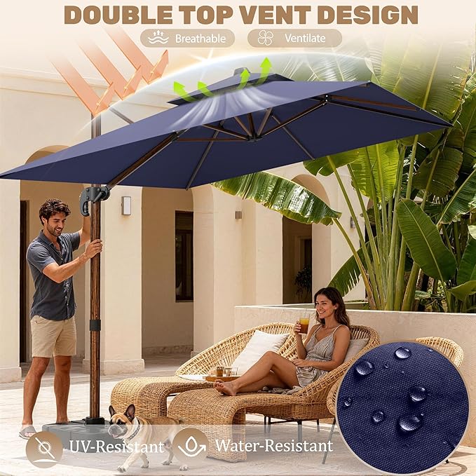 10x13FT Cantilever Outdoor Patio Umbrellas, Double Top Wood Pattern Rectangle Umbrella, Heavy Duty 360°Rotation Offset Umbrella for Garden Deck Pool Patio, Navy Blue