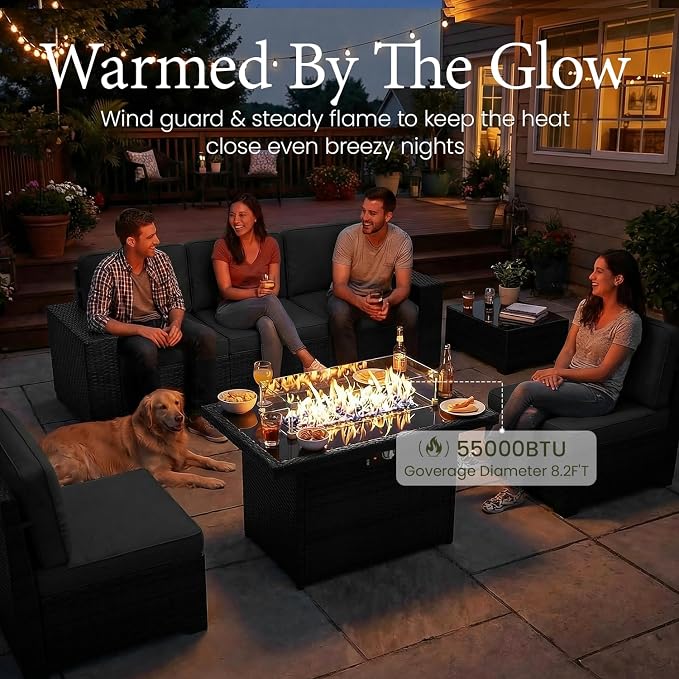 LayinSun 13 Pieces Outdoor Patio Furniture Set with 44" Fire Pit Table Rattan Sectional Sofa Conversation Sets
