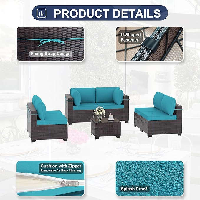 Patio Furniture Set 7PCS Outdoor Furniture for Backyard Sectional Sofa Set, Rattan Wicker Patio Conversation Set with 4 Inch Thickened Cushions and Glass Coffee Table, Blue