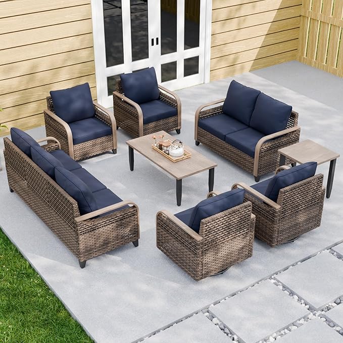EAGLE PEAK Modern Wicker Outdoor Patio Furniture Set, Patio Conversation Set, 2 Chairs, 2 Swivel Rocker Chairs, 3-Seat Sofa, Loveseat, Coffee Table and Side Table, 8 Pieces, Brown/Blue