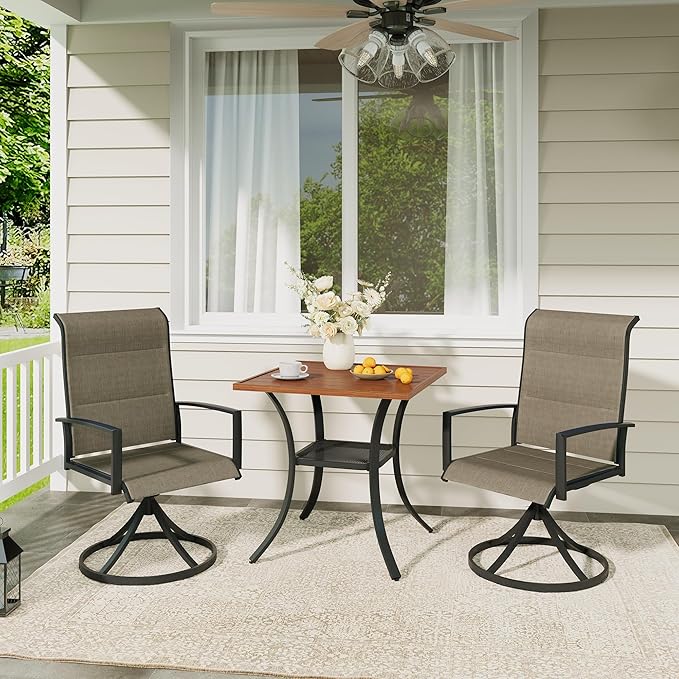 VICLLAX 3 Pieces Outdoor Dining Set, Patio Furniture Set Includes 27.6" Square Metal Table W/ 1.9" Umbrella Hole and 2 Padded Textilene Swivel Chairs for Porch, Lawn, Garden, Backyard