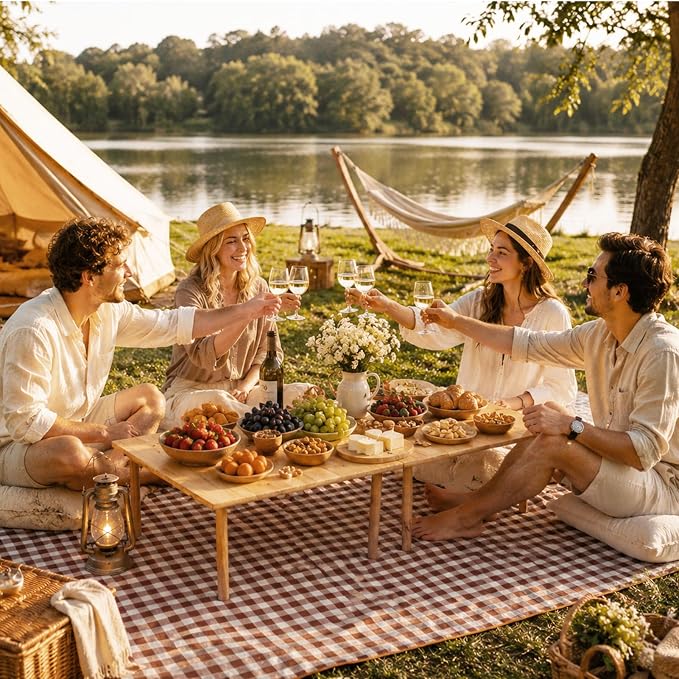 60"x30" Wooden Folding Picnic Table, Portable Low Floor Table with Beach Outdoor Camping Mat, Ideal for Camping, Wedding, Music Festival, Garden, Party