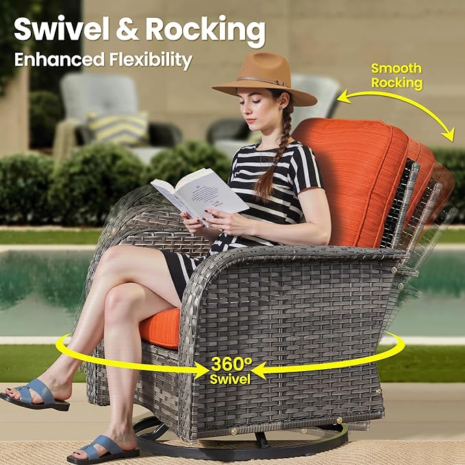 ovios 3-Piece Patio Furniture Set, Outdoor Wicker Sofa with Swivel Chairs, High Back Rattan Gliders Rocker with Comfy Cushions for Porch Yard Deck, Orange Red