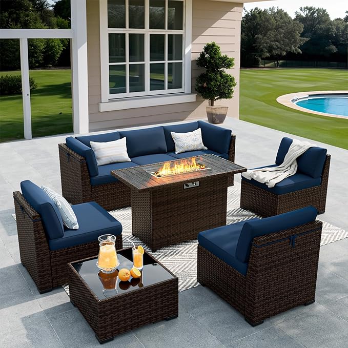 8 Pieces Outdoor Patio Furniture Set with 44" Fire Pit Table Rattan Sectional Conversation Sets w/Gas Fire Pit, Coffee Table, 1 Waterproof Covers, Navy Blue