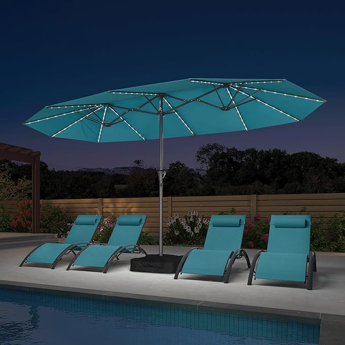 PURPLE LEAF 14ft Patio Umbrella with Solar Lights Outdoor Double-Sided Market Umbrella with Base Included Rectangle Table Umbrella for Pool Garden Backyard, Turquoise