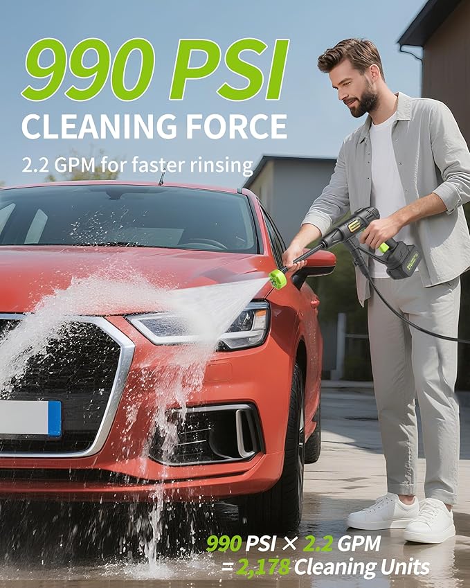 Cordless Portable Washer, Handheld Washer, Battery Operated Washer for Car Home Outdoor Patio Garden, Lightweight Car Washer, Washer with Foam Pot, Cleaner with 23FT Elastic Hose (Blackgreen)