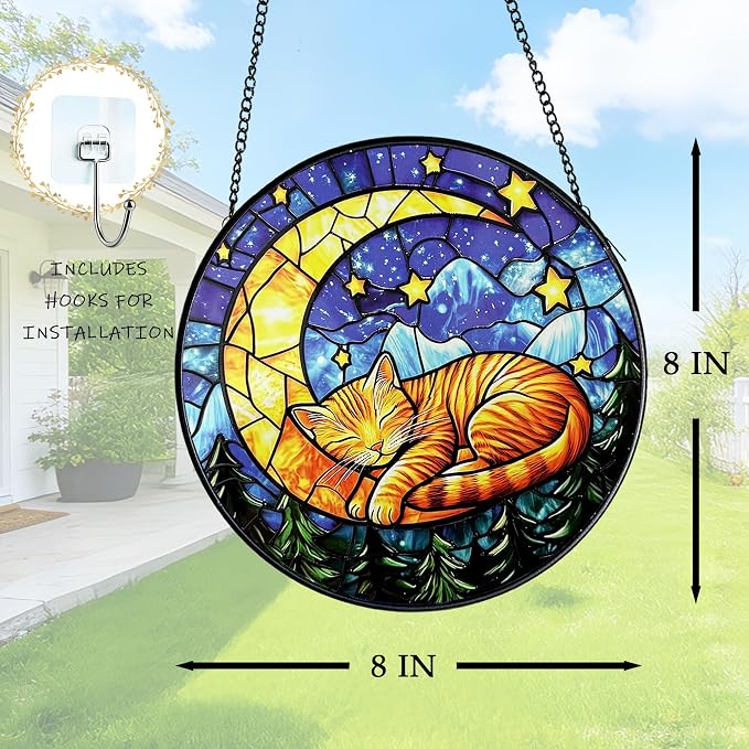 Cat Stained Glass Suncatcher Window, Cat Sun Catchers Indoor Window, Suncatcher for Mom/Women (Moon Sleeping)