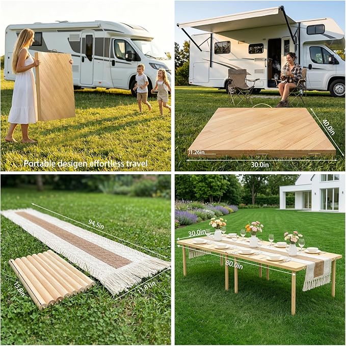 Upgraded Extra Large Low Wooden Folding Picnic Table with 8-Legs, Thick Varnished Tabletop, 80"×30" Portable Boho Beach Table with Table Runner for Yard, Camping, Outdoor Party (Diagonal)