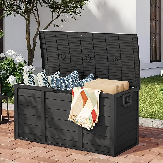 75 Gallon Outdoor Deck Storage Box - Heavy Duty Resin Container with Lockable Lid & Handles for Patio, Garden, Yard - Weatherproof (Black)