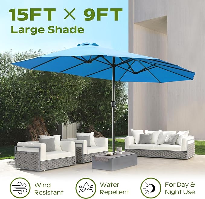 15ft Umbrella Outdoor Patio - Double-Sided Large Market Rectangle Umbrellas with Crank Handle for Patio Garden Yard Pool (No Base)