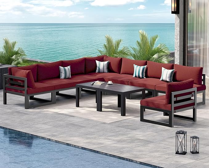 NICESOUL 8 Person Modern Aluminum Patio Furniture Set, 500 lbs Heavy Duty Sturdy Outdoor Sectional Sofa, 29" Deep Wide Large Seating, L Shaped Modular Conversation Couch for Garden Backyard, Burgundy