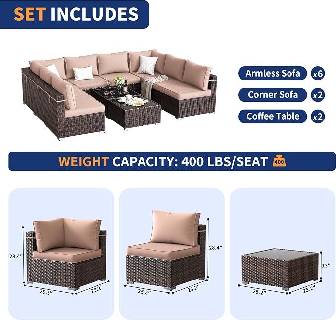 Patio Furniture Set, Modular 10-Piece Patio Conversation Sets with Coffee Table, All-Weather Wicker Outdoor Sectional for Backyard and Balcony, Beige (Waterproof Covers Included)