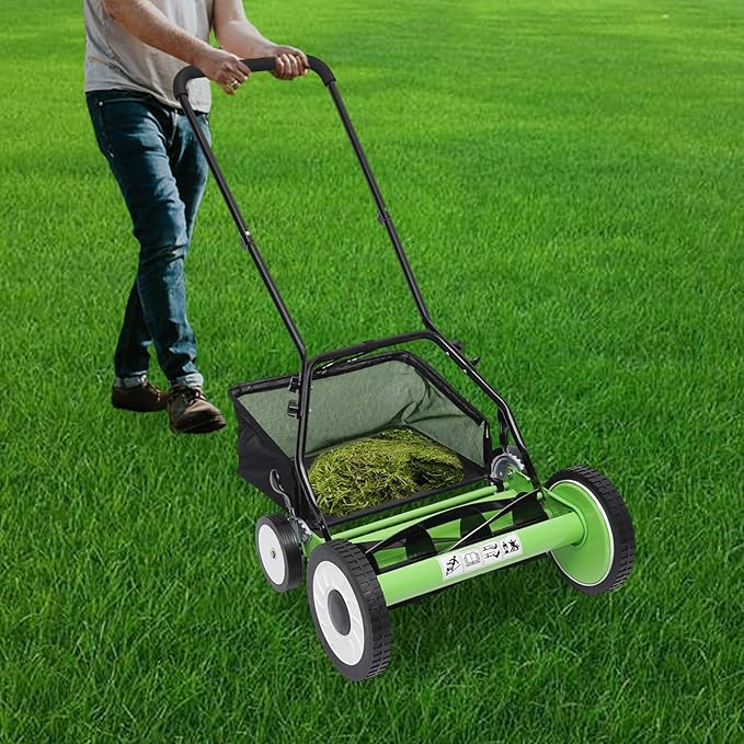 16-Inch 5-Blade Push Reel Lawn Mower, Cordless Manual Reel Lawn Mower Walk-Behind Steel Lawn Mowers with Removable Grass Catcher, 9-Position Cutting Height Adjustment