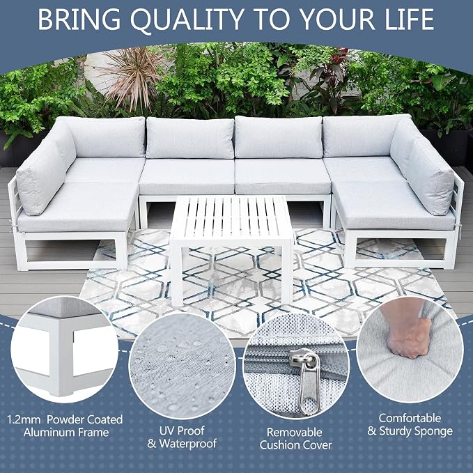 RADIATA 9 Pieces Aluminum Patio Furniture Set with Fire Pit Table, Modern Outdoor Sectional Sofa, Large Conversation Seat with Thick Cushion for Garden Backyard Deck Porch (White)